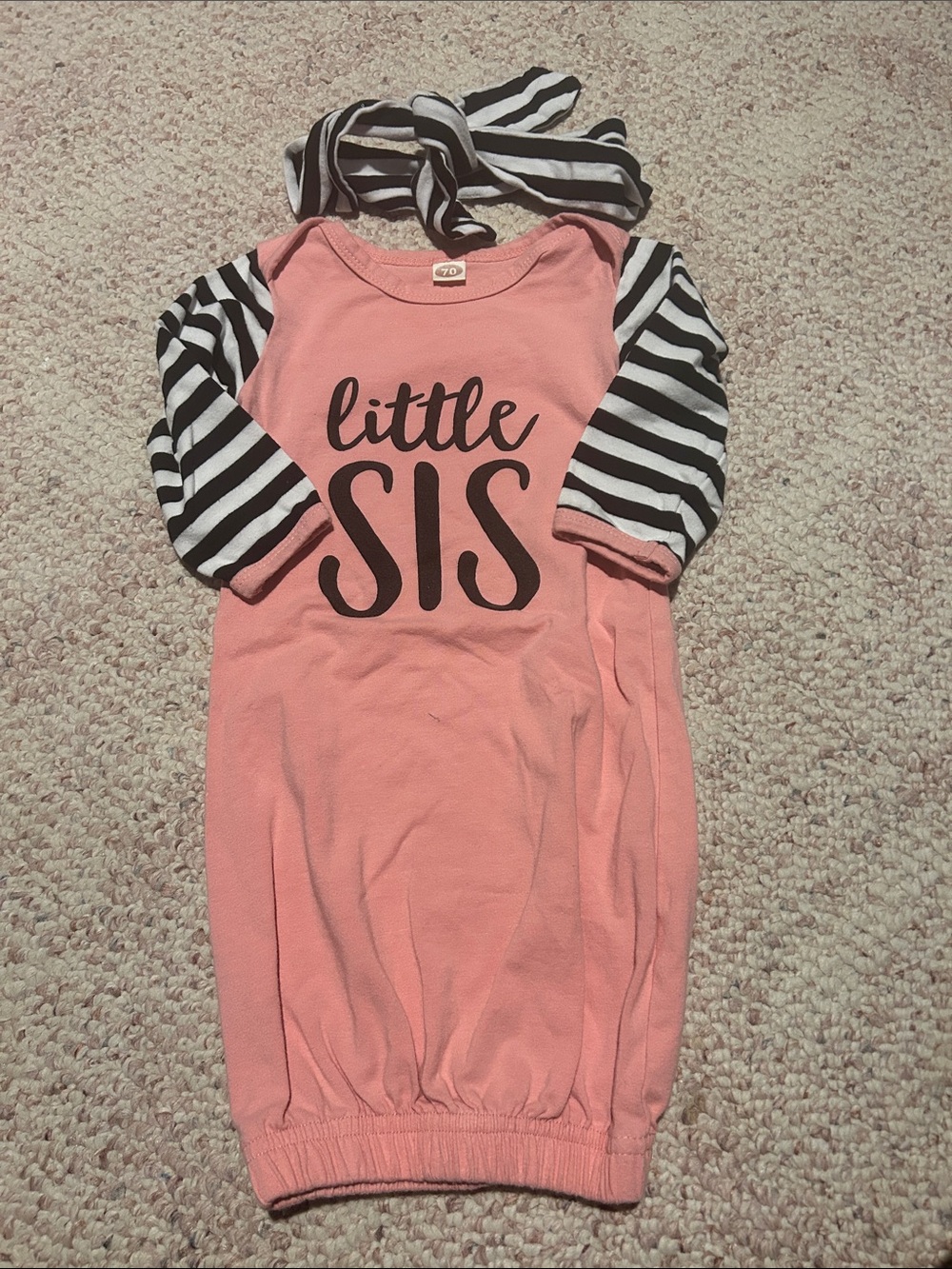 Pink "little SIS" Baby Gown with Black & White Striped Sleeves
